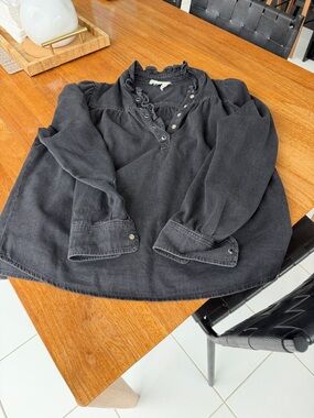 ba&sh Black Ruffled Neck Denim Top